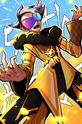 Rule 34 | 1boy, coat, gradient-tinted eyewear, jewelry, lear (pokemon), lear (sygna suit) (pokemon), male focus, multicolor-tinted eyewear, nintendo, official alternate costume, open mouth, outline, pk tosakadayo, pokemon, pokemon masters ex, ring, solo, sparkle, tinted eyewear, white outline, yellow coat