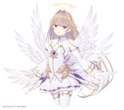 1girl :o angel angel_wings bare_shoulders blonde_hair breasts character_request cleavage_cutout clothing_cutout commentary_request company_name copyright_notice cowboy_shot cropped_legs detached_sleeves fake_wings feathered_wings fingernails frilled_skirt frills gem gold_trim hair_intakes halo highres layered_sleeves long_hair long_sleeves looking_at_viewer looking_to_the_side mahjong_hime miniskirt nail_polish official_art open_mouth pleated_skirt purple_eyes purple_gemstone purple_nails riuichi shirt shoulder_cutout simple_background skirt skirt_set sleeves_past_wrists small_breasts solo thighhighs turtleneck very_long_hair white_background white_shirt white_skirt white_thighhighs white_wings wings yellow_halo zettai_ryouiki