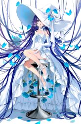 Rule 34 | 1girl, absurdres, bar stool, blue butterfly, blue eyes, blue flower, blue petals, bug, butterfly, commentary, dress, flower, frilled dress, frills, hat, highres, insect, long hair, nekoyama iori, original, purple hair, shoes, side slit, solo, stool, symbol-only commentary, very long hair, white dress, white hat, white shoes, witch hat