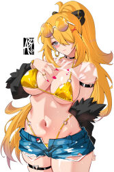 1girl absurdres aryi077 bikini bikini_under_shorts blonde_hair blue_shorts breasts cowboy_shot cynthia_(pokemon) denim denim_shorts eyewear_on_head gold_bikini hair_over_one_eye high_ponytail highres large_breasts long_hair navel nintendo pokemon pokemon_dppt ponytail see-through_clothes short_shorts shorts simple_background solo sparkle sunglasses swimsuit very_long_hair white_background