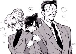 Rule 34 | ba ko, black hair, black necktie, black shirt, blonde hair, blush, breasts, closed eyes, collared shirt, earrings, facial hair, father and daughter, glasses, hair bun, jacket, jewelry, kisaki eri, long hair, looking at another, medium breasts, meitantei conan, mouri kogoro, mouri ran, musical note, mustache, necktie, parted bangs, shirt, short hair, sidelocks, smile, spiked hair, spoken musical note, suit jacket, sweatdrop, turtleneck, twitter username, upper body, white shirt