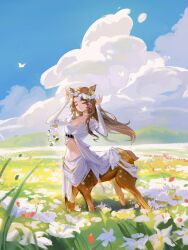 1girl animal_ears blue_sky brown_hair centauroid cloud day deer_ears deer_girl deer_tail ear_tag flower flower_wreath full_body grass grasslands hands_up head_wreath highres holding holding_wreath jessica_(reverse:1999) long_hair long_sleeves lppzi midriff mountainous_horizon navel open_clothes outdoors parted_lips reverse:1999 shirt sky solo tail taur very_long_hair white_flower white_shirt