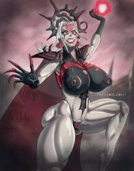 1girl artist_name breasts chaosmelon claws colored_skin covered_erect_nipples evil_grin evil_smile grey_skin grin hela_(marvel) hela_(queen_in_black)_(marvel) highres huge_breasts magic marvel marvel_rivals muscular muscular_female official_alternate_costume possessed red_eyes red_lips skin_tight smile solo thong watermark white_hair