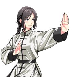 1girl absurdres black_hair changpao china_dress chinese_clothes dress fighting fighting_stance highres kokoro_no_koibito kung_fu long_hair long_sleeves martial_arts monk original shaolin_monk tangzhuang training white_dress