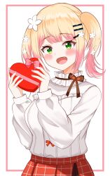 1girl absurdres arawi_(araccoon1221) blonde_hair blunt_bangs blush border bow bowtie box box_of_chocolates brown_bow brown_bowtie collar fang flower frilled_collar frilled_shirt frills gradient_hair green_eyes hair_flower hair_ornament hairclip half-skirt hands_up heart-shaped_box highres holding holding_box hololive looking_at_viewer medium_hair momosuzu_nene momosuzu_nene_(casual) multicolored_hair nail_polish official_alternate_costume official_alternate_hairstyle open_mouth outside_border pink_border pink_hair pink_nails plaid_clothes plaid_skirt red_skirt shirt sidelocks simple_background skirt smile solo twintails virtual_youtuber white_background white_flower