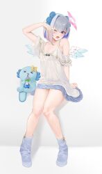 Rule 34 | 1girl, alternate costume, amane kanata, angel, angel wings, animal ears, armpit crease, axolotl, blue hair, casual, colored inner hair, dress, fake animal ears, feet, flat chest, grey hair, hairband, halo, highres, hololive, loose socks, multicolored hair, nekoi (nekoi 0116), one eye closed, open mouth, short hair, simple background, sitting, socks, solo, star halo, toothpaste, upao (amane kanata), virtual youtuber, white background, wings