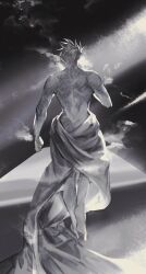Rule 34 | 1boy, absurdres, arm up, back, barefoot, body markings, clenched hand, cloud, cloudy sky, commentary, dimples of venus, english commentary, floating, full body, highres, male focus, millions knives, nude, short hair, sky, solo, star (sky), star (symbol), starry sky, toned, toned male, topless male, trigun, trigun stampede, yakikesen