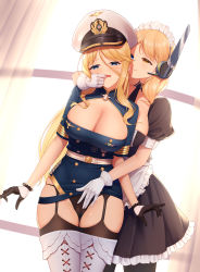 2girls anchor_print apron belt between_breasts black_gloves black_legwear black_neckwear black_panties blonde_hair blue_eyes boots breasts buttons cameltoe center_opening cleavage closed_mouth clothes_lift cross-laced_footwear curtains double-breasted dress fingering fingering_through_clothes frilled_apron frilled_dress frills from_behind garter_straps gloves gold_trim hair_between_eyes hair_ornament hand_on_another&#039;s_crotch hand_on_another&#039;s_face hat headphones heterochromia highres laoan large_breasts legs_apart maid_apron maid_headdress military miniskirt multiple_girls necktie open_clothes panties parted_bangs pinstripe_pattern pinstripe_shirt puffy_short_sleeves puffy_sleeves renown_(warship_girls_r) shirt short_sleeves shrug_(clothing) skirt skirt_lift striped thigh_boots thighhighs through_clothes tongue tongue_out underwear warship_girls_r white_gloves window yellow_eyes yuri