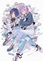 Rule 34 | 2boys, black bow, black bowtie, black hair, black shirt, blue jacket, blue pants, bonnet, boots, bow, bowtie, brooch, buttons, candy, collared shirt, colored inner hair, double-breasted, ensemble stars!, food, frilled sleeves, frills, gloves, green eyes, hair over one eye, highres, himemiya tori, holding hands, inomahe, jacket, jewelry, kneehighs, lace-up boots, long sleeves, looking at viewer, lying, male focus, marshmallow, multicolored hair, multiple boys, on back, on side, pants, pink hair, sengoku shinobu, shirt, shoe soles, shoes, short hair, short hair with long locks, simple background, socks, white background, white boots, white bow, white bowtie, white gloves, white jacket, white pants, white shirt, white socks, wrapped candy, yellow eyes