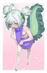 Rule 34 | 1girl, :d, absurdres, agemmata, ahoge, bare arms, bare legs, bare shoulders, barefoot, breasts, bubble, bubble hair ornament, clothes pull, colored tongue, commentary, dress, english commentary, fang, full body, green hair, green nails, green tongue, highres, horizontal pupils, indie virtual youtuber, looking at viewer, meme attire, nail polish, nipples, no pants, open mouth, outline, pink background, purple dress, purple sweater, rebbi rompin, red eyes, ribbed sweater, short twintails, simple background, skin fang, small breasts, smile, solo, spiral cheeks, sweater, sweater dress, sweater pull, tadpole tail, thick eyebrows, toenail polish, toenails, turtleneck, turtleneck dress, turtleneck sweater, twintails, virgin killer sweater, virtual youtuber, white outline