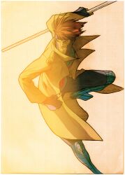 1boy absurdres bengus bo_staff capcom coat gambit game_cg gloves highres jacket looking_to_the_side male_focus marvel marvel_vs._capcom marvel_vs._capcom_2 non-web_source partially_fingerless_gloves red_eyes sidelighting simple_background solo superhero_costume teeth trench_coat x-men