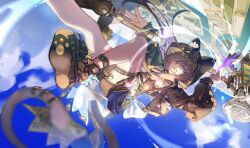 Rule 34 | 1girl, :d, ankh, arknights, bag, blue eyes, brown hair, brown jacket, brown sandals, chinese commentary, coin, commentary request, day, foot out of frame, gold, gold coin, hammer, handbag, head chain, hewu639356, highres, hood, hood up, hooded jacket, jacket, jewelry, long hair, long sleeves, looking at viewer, open mouth, outdoors, pepe (arknights), platform sandals, sandals, shoe soles, smile, solo, tail, tail ornament, tail ring, thigh strap, weapon