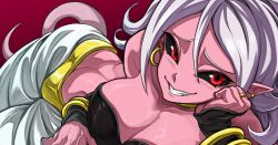 1girl android_21 black_sclera black_tube_top bracelet breasts choker cleavage colored_sclera colored_skin crop_top dragon_ball dragon_ball_fighterz earrings gold_ring grin harem_pants highres hoop_earrings jewelry large_breasts long_hair looking_at_viewer lying majin_android_21 navel on_side pants pink_skin pointy_ears red_eyes smile strapless tail takundraws tube_top white_hair yellow_choker