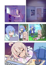 Rule 34 | :&gt;, :3, ?, absurdres, ahoge, animal ears, bare legs, barefoot, blue hair, blush, closed eyes, commentary request, computer keyboard, computer mouse, dog ears, dog tail, fujimi nemu, green eyes, hair between eyes, headset, highres, indoors, long hair, long sleeves, monitor, no pants, onii-chan wa oshimai!, oyama mahiro, pajamas, paw shoes, poster (object), robomito, short hair, skull, sleeping, sleeping on desk, smile, striped clothes, striped pajamas, tail, translated, | |