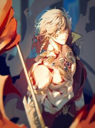 1boy abs absurdres arm_tattoo armlet armor black_coat blonde_hair braid cape chest_tattoo clawed_gauntlets coat commentary facial_tattoo ggtnnk gradient_hair hair_between_eyes highres holding holding_polearm holding_weapon honkai:_star_rail honkai_(series) jewelry looking_at_viewer male_focus medium_hair multicolored_hair mydei_(honkai:_star_rail) open_clothes open_coat pauldrons polearm red_cape red_hair red_tattoo shoulder_armor side_braid single_pauldron solo symbol-only_commentary tattoo toned toned_male weapon yellow_eyes