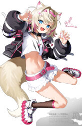 1girl :d animal_ear_fluff animal_ears belt black_collar black_jacket blonde_hair blue_eyes claw_pose collar collar_chain_(jewelry) crop_top cropped_jacket dog_ears dog_girl dog_tail fishnet_kneehighs frilled_shorts frills hairband highres hololive hololive_english jacket kito_koruta koruta_(nekoimo) mococo_abyssgard mococo_abyssgard_(1st_costume) multicolored_hair navel open_mouth pink_belt pink_hairband pink_nails pink_streaks shirt short_hair short_shorts shorts signature simple_background smile solo stomach streaked_hair tail virtual_youtuber white_background white_shirt white_shorts white_sneakers