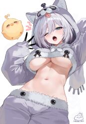 1girl ;o alice_vu animal_ears animal_hood arm_up azur_lane breasts character_request check_character cowboy_shot crop_top crop_top_overhang cropped_hoodie fake_animal_ears fur_trim green_eyes grey_hoodie grey_pants hand_up highres hood hoodie large_breasts long_sleeves looking_at_viewer manjuu_(azur_lane) midriff navel official_alternate_costume oleg_(azur_lane) oleg_(repose_by_the_fireplace)_(azur_lane) one_eye_closed open_mouth pants raccoon_hood short_hair solo stomach underboob white_hair