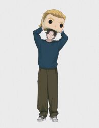 &gt;_&lt; 1boy absurdres animification arms_up baggy_pants blue_shirt brown_hair brown_pants closed_eyes closed_mouth commentary english_commentary full_body highres holding long_sleeves male_focus marvel marvel_cinematic_universe pants puffy_long_sleeves puffy_sleeves sentry_(marvel) shirt short_hair simple_background smile solo standing striped_clothes striped_pants thunderbolts_(movie) vertical-striped_clothes vertical-striped_pants white_background white_sneakers yamuoez