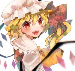1girl :d ascot banaftr blonde_hair bow crystal fang flandre_scarlet frilled_shirt_collar frills hair_between_eyes hat hat_ribbon highres looking_at_viewer mob_cap open_mouth puffy_short_sleeves puffy_sleeves red_eyes red_ribbon ribbon shirt short_hair short_sleeves side_ponytail simple_background slit_pupils smile solo touhou upper_body wings yellow_ascot