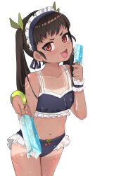 1girl absurdres bikini black_hair blue_bikini blue_hairband cameltoe collarbone cowboy_shot eyelashes fang female_focus flat_chest food frilled_bikini frills hachikuji_mayoi hairband hands_up highres ice_cream loli long_hair looking_at_viewer maid_headdress meemz_a mesugaki monogatari_(series) multicolored_bikini naughty_face navel open_mouth pov red_eyes simple_background skin_fang smile smug solo standing swimsuit tan tanline twintails two-tone_bikini variant_set white_background white_bikini