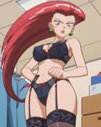 1girl artist_request black_bra black_lingerie black_panties blue_eyes blush bra breasts cleavage earrings green_earrings hand_on_own_hip highres jessie_(pokemon) jewelry large_breasts lingerie long_hair navel nintendo office open_mouth panties pink_hair pokemon pokemon_(anime) thighs underwear