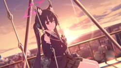 1girl animal_ears animated black_hair blue_archive blue_ribbon blue_shirt cat_ears cat_girl city cityscape grey_skirt hair_ribbon halo highres long_hair looking_at_viewer low_twintails official_art red_eyes ribbon school_uniform screencap serika_(blue_archive) shirt shy skirt smile sunset swing tagme thighs twintails very_long_hair video