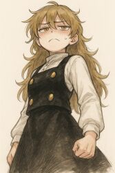 1girl ai-generated black_skirt black_vest blonde_hair blush clenched_hand closed_mouth commentary full-face_blush hair_between_eyes highres kirisame_marisa long_hair long_sleeves messy_hair shasha1981 simple_background skirt solo sweat sweater touhou vest white_sweater yellow_eyes