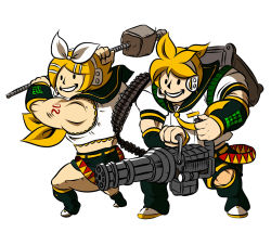 1boy 1girl ammunition_belt blonde_hair bow carrying detached_sleeves fallout fallout:_new_vegas gatling_gun gun gyamo hair_bow headset highres kagamine_len kagamine_rin minigun mob_face muscular parody rebar_club sailor_collar smile solid_circle_eyes solid_oval_eyes vault_boy vault_girl vocaloid weapon white_background