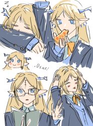 Rule 34 | .osari, 1girl, ah eto... bleh (meme), arm up, bespectacled, blonde hair, blue eyes, book, cartethyia (wuthering waves), closed eyes, commentary, crown of thorns, eating, english commentary, food, glasses, highres, holding, holding book, long hair, meme, multiple views, open book, pizza, pointy ears, reading, sidelocks, sleeping, tacet mark (wuthering waves), wuthering waves, zzz