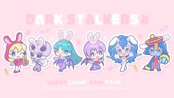 b.b._hood cat_girl chibi felicia_(darkstalkers) hood jiangshi hsien-ko lilith_(darkstalkers) morrigan_aensland one_eye_closed q-bee rabbit_ears darkstalkers wink