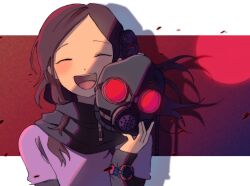 1girl black_scarf brown_hair closed_eyes commentary english_commentary eyelashes gas_mask highres holding holding_mask kira_(marshukitty) kyokugen_dasshutsu kyokugen_dasshutsu:_9_jikan_9_nin_9_no_tobira long_hair long_sleeves mask kurashiki_akane open_mouth scarf smile solo spoilers teeth upper_teeth_only watch wristwatch zero_(kyokugen_dasshutsu)