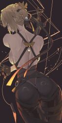 1girl ass asymmetrical_gloves back backboob bare_shoulders black_gloves black_pants blonde_hair breasts chest_harness choker earrings elbow_gloves evelyn_chevalier gloves hair_ornament harness high-waist_pants highres jewelry knife large_breasts looking_at_viewer looking_back medium_hair netural pants purple_eyes solo thighs tight_clothes tight_pants wire zenless_zone_zero