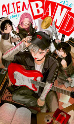 2boys 2girls absurdres adjusting_clothes adjusting_headwear alien_stage alternate_costume amplifier band_(music) baseball_cap bass_guitar black_choker black_hair black_hat black_nails black_shirt black_tank_top can chinese_commentary choker commentary cymbals drink_can drumsticks effects_pedal electric_guitar english_text green_eyes grey_jacket grey_sweater guitar haruno0629 hat heart heart_necklace highres holding holding_drumsticks instrument ivan_(alien_stage) jacket jewelry keyboard_(instrument) layered_shirt long_hair long_sleeves looking_ahead looking_at_viewer microphone mizi_(alien_stage) mouth_hold multiple_boys multiple_girls music_stand necklace off_shoulder pearl_necklace plectrum purple_eyes red_pupils sheet_music shirt short_hair soda_can sua_(alien_stage) sweater tank_top till_(alien_stage) very_short_hair white_shirt