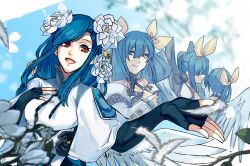 1girl age_progression angel_wings bare_shoulders blue_hair braid detached_sleeves dizzy_(guilty_gear) feathered_wings feathers flower guilty_gear guilty_gear_2 guilty_gear_strive guilty_gear_x guilty_gear_xrd guilty_gear_xx hair_flower hair_ornament hair_ribbon hair_rings hand_on_own_chest highres mature_female multiple_views nishimoto open_mouth queen_dizzy red_eyes ribbon sidelocks smile swept_bangs twintails wings yellow_ribbon