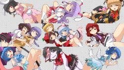 6+girls animal_ears black_hair blonde_hair blue_hair blush brown_hair dutch_angle hairband hemogurobin_a1c heterochromia highres holding holding_umbrella horikawa_raiko inaba_tewi junko_(touhou) kaku_seiga long_hair looking_at_viewer low_twintails lunasa_prismriver lyrica_prismriver merlin_prismriver miyako_yoshika multiple_girls ofuda ofuda_on_head panties pink_hairband purple_eyes purple_hair rabbit_ears rabbit_girl red_eyes red_hair reisen_udongein_inaba shirt short_hair tatara_kogasa torn_clothes touhou tsukumo_benben tsukumo_yatsuhashi twintails umbrella underwear white_panties white_shirt