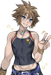 1boy bare_hips belt blue_eyes bracelet brown_hair chuchubreeze commentary covered_navel crown_necklace english_commentary grin highres jewelry kingdom_hearts male_focus midriff_peek pants ring sleeveless smile sora_(kingdom_hearts) spiked_hair star_(symbol) toned toned_male v