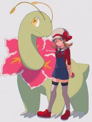 1girl blue_overalls bow brown_eyes brown_hair closed_mouth gen_2_pokemon hat hat_bow highres holding holding_poke_ball long_hair lyra_(pokemon) meganium mikakami1e newsboy_cap nintendo overalls poke_ball poke_ball_(basic) pokemon pokemon_(creature) pokemon_hgss red_shirt ribbon shirt shoes simple_background smile thighhighs twintails white_hat white_thighhighs