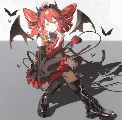 1girl absurdres ahoge bat_wings black_boots black_dress black_horns black_sleeves black_tail black_wings boots crossed_legs demon_horns demon_tail detached_wings dress drill_hair fake_horns fang floating_hair flve frilled_hairband frills grey_background hair_between_eyes hairband halter_dress halterneck hand_up highres horns kasane_teto kasane_teto_(halloween) kneehighs lace-up_boots looking_at_viewer on_floor red_dress red_eyes red_hair red_sleeves red_tail shadow shoelaces short_dress sitting skin_fang sleeveless sleeveless_dress smile socks solo tail twin_drills utau white_background wings