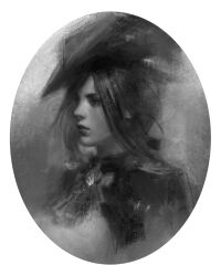 1girl ascot border clorinde_(genshin_impact) closed_mouth commentary english_commentary genshin_impact grey_background hat highres jacket light_particles lips long_hair looking_at_viewer monochrome nikolas_(nikolardon) portrait realistic shirt solo tricorne unfinished white_border