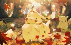 Rule 34 | :3, = =, apple, apple core, artist request, autumn leaves, brown eyes, check artist, closed eyes, closed mouth, falling leaves, fat pikachu, food, forest, fruit, gen 1 pokemon, grass, hihara you, leaf, light particles, log, lying, nature, nintendo, no humans, on side, one eye closed, open mouth, pikachu, pokemon, pokemon (creature), pokemon focus, pokemon tcg, second-party source, sitting, smile, tree, tree stump, wavy mouth