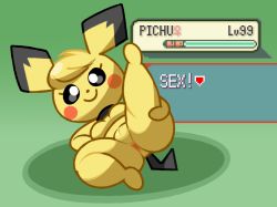 1girl animal_ears anus black_choker black_eyes blonde_hair blush_stickers body_fur breasts character_name choker cleft_of_venus closed_mouth completely_nude creatures_(company) english_text female_focus furry furry_female game_freak gen_2_pokemon gradient_background green_background happy health_bar leg_up looking_at_viewer lying nintendo nude on_side personification pichu pokemon pokemon_(creature) presenting pussy short_hair small_breasts smile solo spread_legs tail thick_thighs thighs uncensored venus_symbol vilepluff yellow_fur