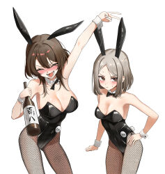 2girls :d absurdres animal_ears arm_up bare_arms bare_shoulders black_bow black_bowtie black_leotard blush bonnouji_momoha bottle bow bowtie breasts brown_eyes brown_hair cleavage closed_eyes collarbone commentary covered_navel detached_collar female_focus fishnet_pantyhose fishnets frown grey_eyes hair_between_eyes hand_on_own_hip hashtag-only_commentary highleg highleg_leotard highres holding holding_bottle kimi_no_koto_ga_dai_dai_dai_dai_daisuki_na_100-nin_no_kanojo large_breasts leotard looking_at_viewer medium_breasts meido_mai multiple_girls nose_blush open_mouth pantyhose parted_bangs playboy_bunny rabbit_ears rabbit_tail sake_bottle shiny_skin short_hair side-tie_leotard simple_background smile strapless strapless_leotard tail ten_hwang2 v white_background wrist_cuffs