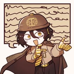 Rule 34 | 1boy, belt, black coat, black hair, black pants, coat, collared shirt, grey shirt, hair between eyes, hat, highres, hubert (limbus company), limbus company, logo, necktie, pants, pocket watch, project moon, prosthesis, shirt, short hair, solo, speech bubble, striped necktie, surumenabe, watch, yellow eyes, yellow necktie