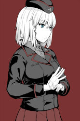 Rule 34 | 10s, 1girl, black hat, black jacket, blue eyes, dress shirt, female focus, garrison cap, girls und panzer, glove pull, gloves, hat, itsumi erika, jacket, kuromorimine military uniform, long hair, long sleeves, military, military hat, military uniform, partially colored, pleated skirt, red background, red skirt, shin&#039;yashiki, shirt, silver hair, simple background, skirt, solo, standing, upper body, white gloves