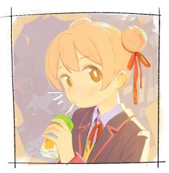 1girl abstract_background alternate_hair_length alternate_hairstyle black_jacket blazer blonde_hair border brown_eyes double_bun drinking drinking_straw drinking_straw_in_mouth hair_bun hair_ribbon holding_juice_box jacket lapels long_sleeves neck_ribbon notice_lines onii-chan_wa_oshimai! oyama_mahiro pakio portrait purple_background red_ribbon ribbon school_uniform shirt short_hair solo sweater white_border white_shirt yellow_sweater