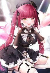 1girl :d arm_support balloon beret black_dress black_gloves black_hat black_shoes blunt_bangs blurry blurry_background breasts cleavage_cutout clothing_cutout commentary_request dress earrings frilled_dress frills garter_straps gloves gold_trim guimpe hair_ribbon hat heart heart_balloon heart_cutout heart_hands heterochromia highres hololive houshou_marine houshou_marine_(ahoy!!_you&#039;re_all_pirates) jewelry large_breasts layered_dress long_hair looking_at_viewer nagura_shiro o-ring o-ring_thigh_strap open_mouth red_eyes red_hair ribbon sharp_teeth shoes sitting sleeveless sleeveless_dress smile solo teeth thigh_strap thighhighs twintails very_long_hair virtual_youtuber white_thighhighs yellow_eyes