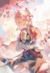 1girl black_dress bloomers blue_eyes chinese_clothes commentary cowboy_shot cropped_jacket dress drink english_commentary falling_petals flower hair_flower hair_ornament hairpin holding holding_drink honkai:_star_rail honkai_(series) in_tree jacket long_sleeves mandarin_collar march_7th_(honkai:_star_rail) march_7th_(hunt)_(honkai:_star_rail) multicolored_eyes official_alternate_costume official_alternate_hairstyle open_clothes open_hand open_jacket open_mouth petals pink_eyes pink_hair puffy_sleeves red_jacket short_dress shuangyaji sitting sitting_in_tree smile solo soupcari teeth tree two-tone_eyes underwear upper_teeth_only white_bloomers white_sleeves