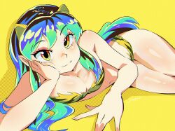 1girl absurdres animal_print arm_support bikini breasts commentary cone_horns english_commentary eyelashes gradient_hair green_hair hand_on_own_cheek hand_on_own_face highres horns long_hair looking_at_viewer lum lying multicolored_hair navel on_side orange_eyes print_bikini puppet_art signature solo swimsuit tiger_print urusei_yatsura yellow_background