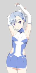 1girl absurdres armpits blue_hair breasts commentary_request elbow_gloves fin_e_ld_si_laffinty flower gloves grey_background hair_flower hair_ornament highres kiniro_tofu looking_at_viewer mall_link_suit mecha_pilot_suit medium_breasts parted_lips purple_eyes rinne_no_lagrange short_hair skirt solo