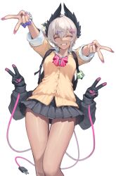 Rule 34 | 1girl, absurdres, alternate costume, arknights, backpack, bag, black skirt, bow, bowtie, cardigan, closed eyes, collared shirt, commission, dark-skinned female, dark skin, dekka, double v, dress, extra arms, grin, hair bow, head wings, highres, miniskirt, pink bow, pink bowtie, pixiv commission, pleated dress, raidian (arknights), school uniform, shirt, short hair, simple background, skirt, smile, solo, striped bow, striped bowtie, striped clothes, v, white background, white shirt, wings, yellow cardigan